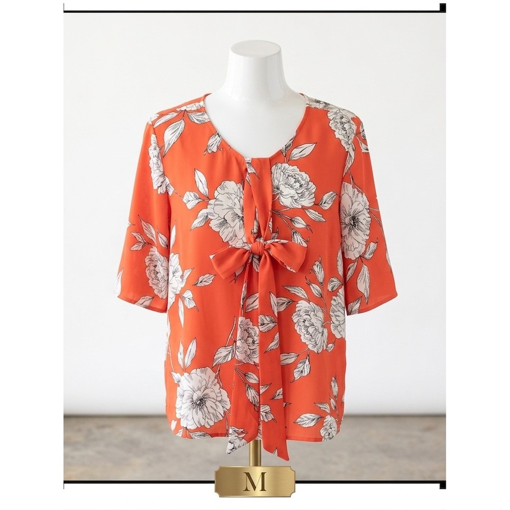 Liz Claiborne Orange Floral Tie-Front Blouse M Modern Boho Chic Top